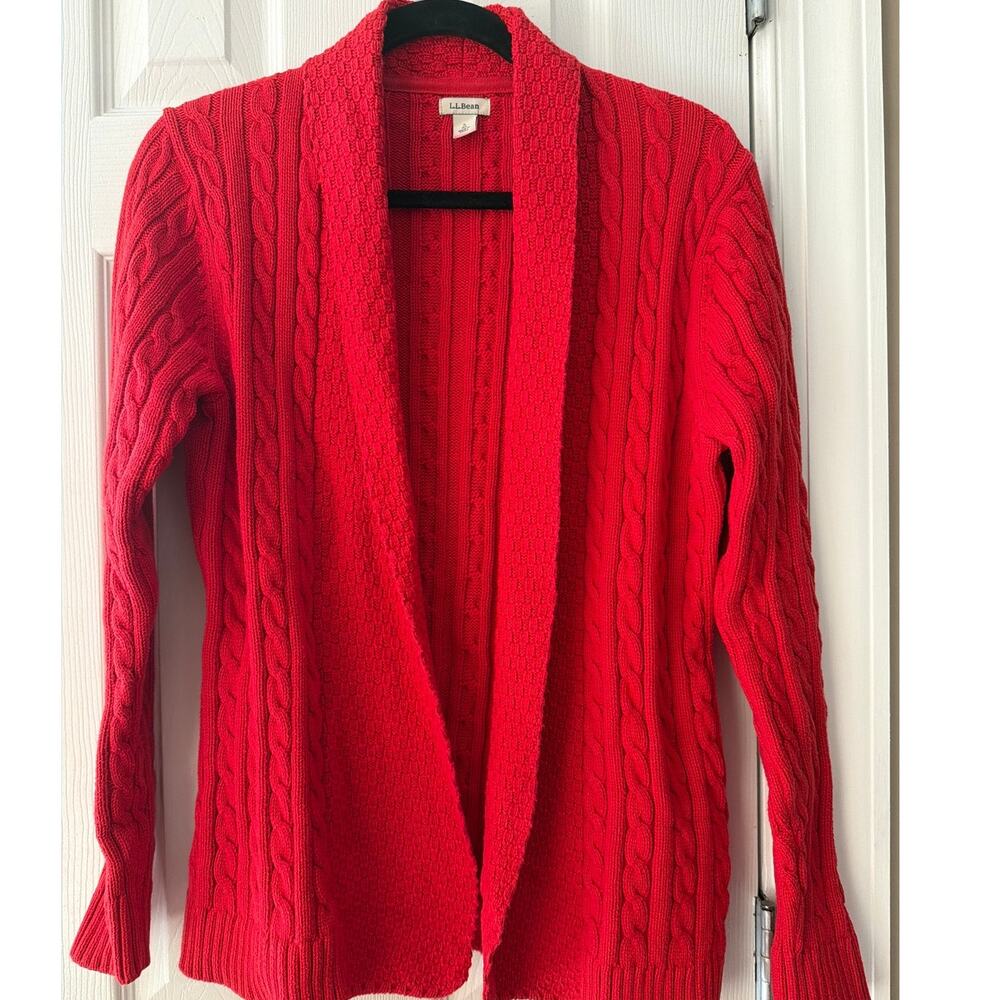 L.L. Bean Red Cable Knit Open front shawl collar cardigan sweater Size S